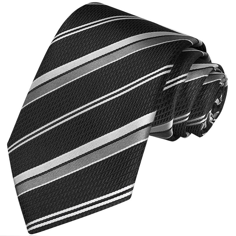 KissTies Mens Striped Necktie Black Gray Tie In Gift Box - Image 1